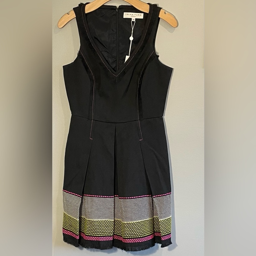 Trina Turk Abela Black Tweed with Fringe Hem and Neck New With Tags Size 4
